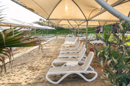 Empty beach resort lounge area with white sunbeds under canopy shades on sandy coast during warm sunset light, capturing summer vacation, tourism hospitality, seaside relaxation concept