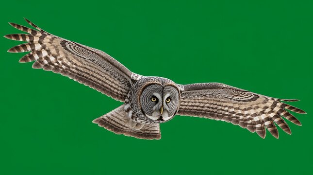 Majestic Great Grey Owl in Flight with Wings Spread Wide Isolated on Green Screen Background, Wildlife Predator Bird of Prey