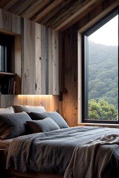 Cozy dark gray wooden bedroom with mountain view and soft lighting in morning light