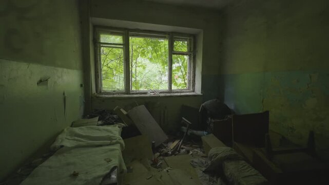 Abandoned Room Interior Wide Angle Slow Push-In Shot | Broken Window Frames Debris and Old Beds in Derelict Building | Dark Decay Overgrown Vegetation Urban Exploration