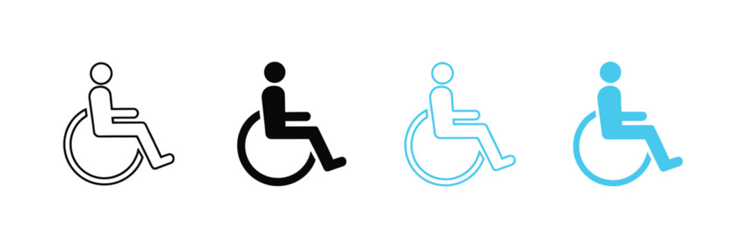 wheelchair accessibility symbol line and solid icon set, disability access inclusivity and mobility support outline and silhouette symbol collection vector illustration.