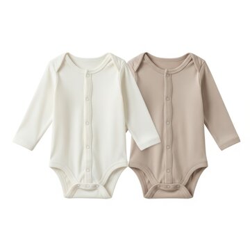 Matching beige and white long-sleeve baby bodysuits with snaps and three-quarter sleeves