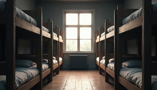 Military barrack interior with rows of neat bunk beds by window. Simple wooden beds with white sheets and pillows. Room provides order and discipline.