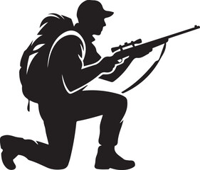 Naklejka premium Hunter Silhouette with Rifle and Backpack illustration. logo Vector Black silhouettes