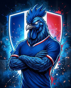 Cartoon blue rooster in french soccer jersey with shield background