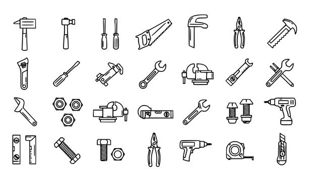 Hand tool hardware vector icon set hammer wrench drill and screwdriver