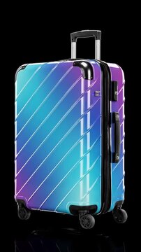 Modern iridescent suitcase with diagonal lines pattern on a black background, ready for travel.