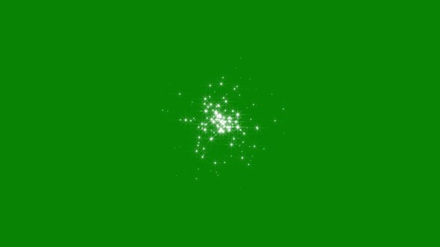 Twinkling white diamond star shape particle motion, sparkling cosmic particle transition loop, shining starry galaxy night sky, glowing abstract ray blast overlay on green background 4k video.