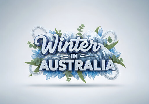 Winter in australia icy text with frost and green foliage, australia