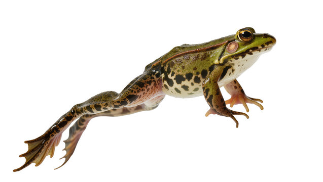 Green spotted frog with webbed feet, isolated on transparent background