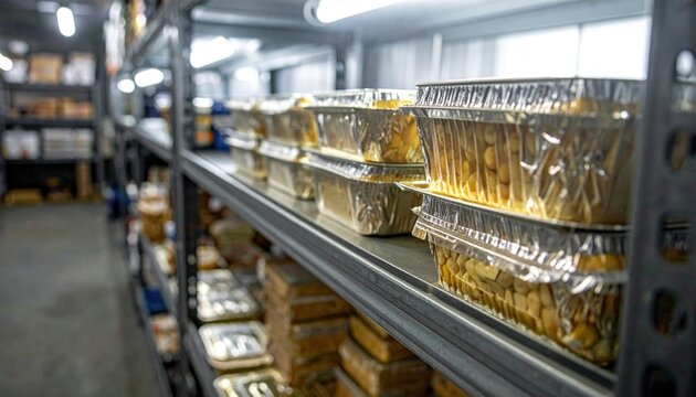 Abundant rows of neatly arranged emergency rations in compact foil packaging with clear lids, showcasing preparedness, stored on a sturdy metal shelf.