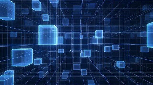 Blue cubes and lines in 3D space, abstract geometry