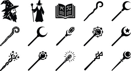 Fantasy Wizard and Magic Staff Black Silhouette Icon Set with Spell Book Crystal and Moon Elements © Md shain