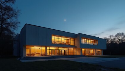 Fototapeta premium Modernist school building illuminated at twilight. Large windows glow warmly with light. Empty concrete structure stands serenely against dark sky. Geometric facade design.