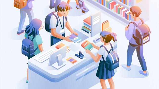 Isometric view featuring a librarian exchanging a book with a visitor at the checkout counter soft pastel tones highlight the borrowing process with blurred patrons behind.