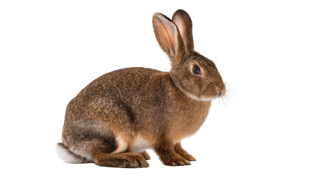 Brown rabbit with long ears sitting, isolated on transparent background