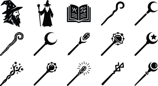 Fantasy Wizard and Magic Staff Black Silhouette Icon Set with Spell Book Crystal and Moon Elements