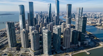 Fototapeta premium Contemporary glass towers stand tall along a blue river in this wide-angle aerial shot. Modern urban architecture gleams under clear skies. Ideal for commercial real estate marketing.