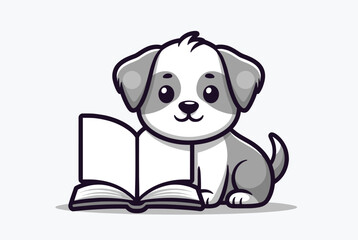 Obraz premium Adorable gray and white puppy sitting patiently behind a large open book on a clean gray background for a cute education concept.