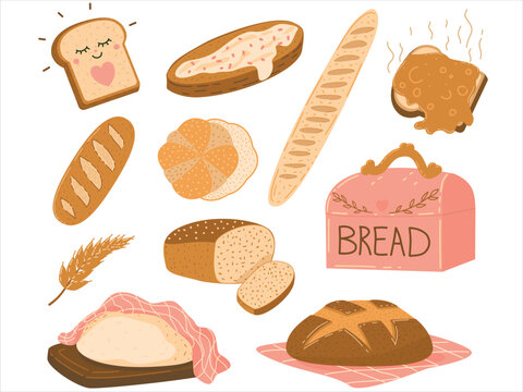Bakery products vector set. Flat bread icons collection. Homemade baking elements isolated on white. Baguette, croissant, loaf, wheat ear and breadbox doodle illustration.