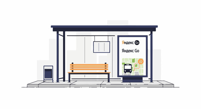 Stylized illustration of a modern bus stop shelter with a bench, trash can, and digital advertisement