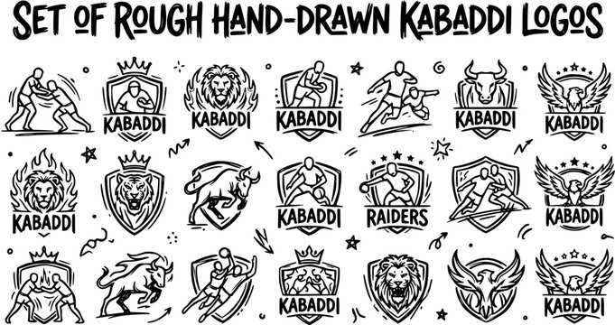 Set of Rough Hand-Drawn Black and White Kabaddi Sport Logos with Players, Lion, Tiger, Bull, and Eagle Emblems for Team Badges and Athletic Designs