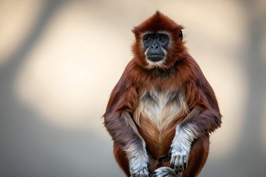 Douc langur with vibrant reddish fur sitting against a soft background