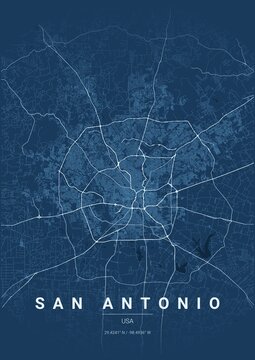 Architectural San Antonio City Map Poster, Blueprint Style Urban Street Grid Illustration