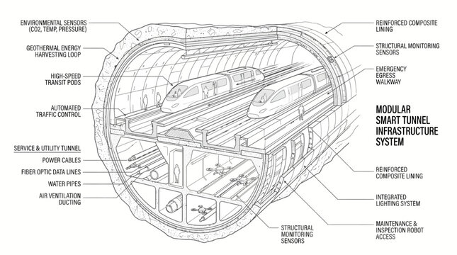 Detailed illustration of a modular smart tunnel infrastructure system with labeled components and sections