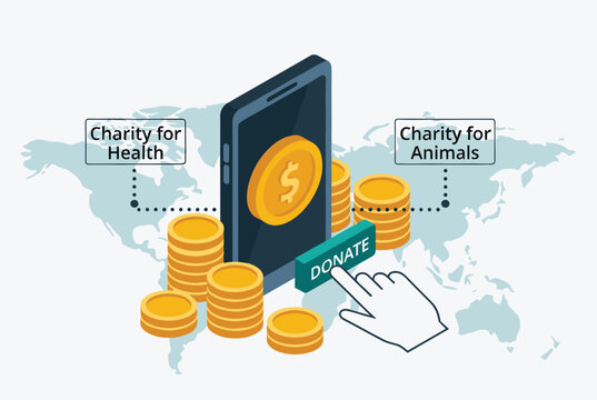 Digital donation concept showing a hand clicking a donate button on a smartphone with stacks of coins and a world map in the background.
