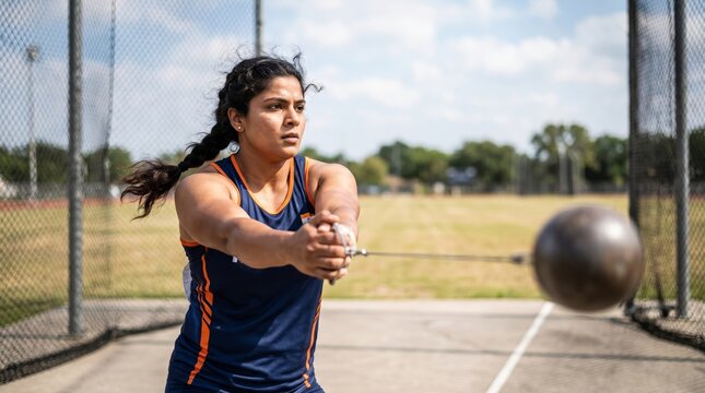 Dynamic action shot of an Indian female athlete spinning during a hammer throw event. Motion blur captures the speed and power of the sport.