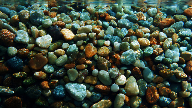 Sunlit Mosaic of Colorful River Stones Glistening Beneath a Rippling Water Surface