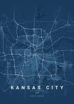Architectural Kansas City City Map Poster, Blueprint Style Urban Street Grid Illustration