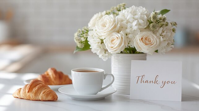 Sunlit kitchen table features coffee, pastries, and floral arrangement