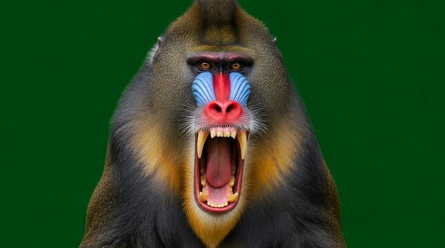 Aggressive Mandrill Monkey Showing Sharp Teeth and Large Canines on Solid Green Background