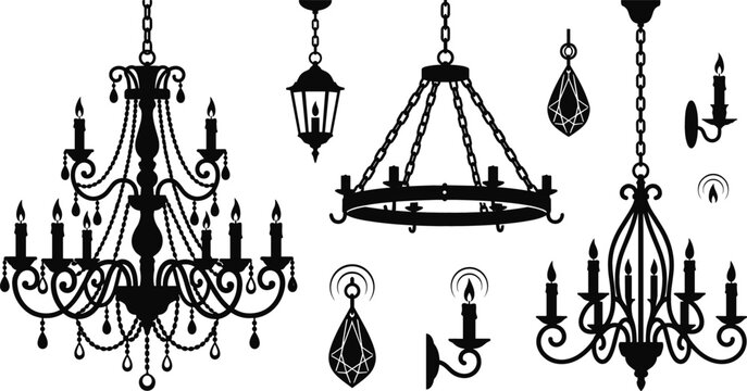 Luxury Vintage Chandelier and Ceiling Lamp Black Silhouette Set with Ornate Crystal Pendant and Wall Sconce Designs
