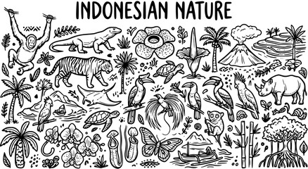Indonesian Nature Black and White Line Art Vector - Wildlife, Flora, Landscapes © evalova