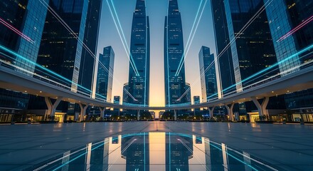 Naklejka premium Smart city skyscrapers illuminate with blue digital light trails and symmetrical ground reflections at twilight. Ideal for global telecommunications and innovation marketing.