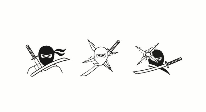 Three stylized ninja shuriken and crossed swords logos.