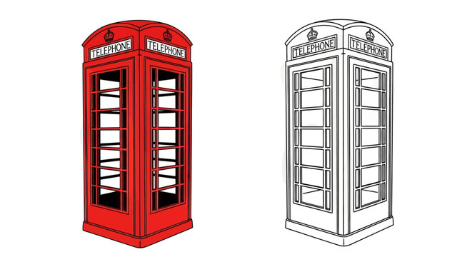 Red British telephone booth illustrated in two color styles  