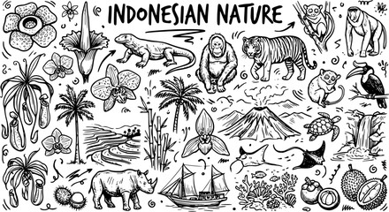 Indonesian Nature Doodle: Black  White Line Art of Tropical Flora and Fauna © evalova