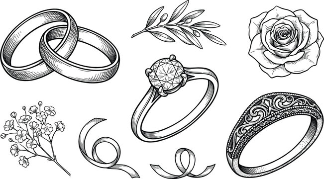 Vintage Wedding Ring Sketch Icon Set with Diamond Engagement Bands Rose Flower and Ribbon Element Designs
