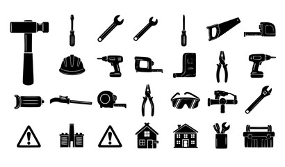 Fototapeta premium Workshop repair equipment silhouette vector set construction and maintenance symbols
