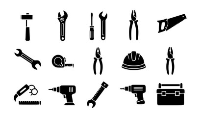 Fototapeta premium Minimal industrial tool vector silhouette set workshop and repair illustrations