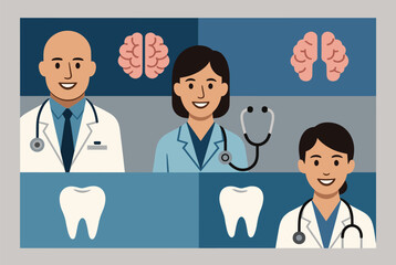 Fototapeta premium Professional illustration of a diverse medical team including doctors and specialists with brain and tooth health icons.