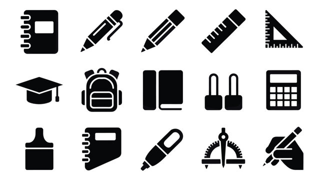 Set of 15 Black School and Office Stationery Icons Vector