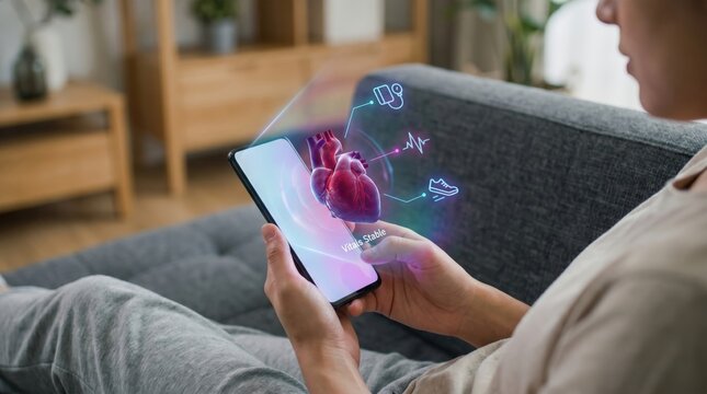 Augmented Reality Cardiac Care Concept: Person on Sofa Interacting with Holographic 3D Heart and Medical Vitals Interface