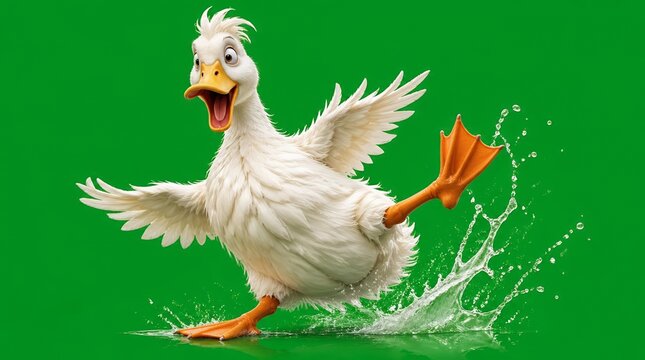 Funny White Cartoon Duck Splashing in Water with Open Beak on Green Background