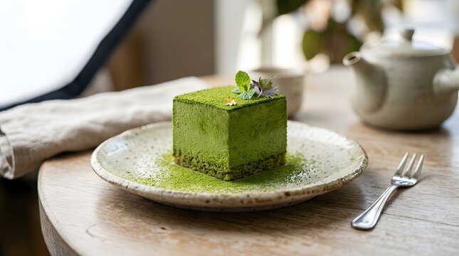Vibrant green matcha cake, a delicate cube-shaped gourmet dessert, presented elegantly on a ceramic plate for premium food photography projects.
