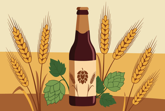 Glass beer bottle standing amongst golden wheat stalks and green hops leaves against a warm rustic background for brewing.